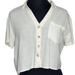 Love Notes White 100% Linen Short Sleeve Button Down Cropped Shirt Large